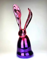 Load image into Gallery viewer, Front view of Hunt Slonem’s pink and purple, bunny sculpture, Thompson. Standing at 21.5 inches tall and 8 inches wide. Using one of the oldest artistic mediums, Slonem has cast his iconic bunnies into stunning bronze sculptures in a form that encapsulates the personality of his most famous muse. It is signed and etched with its edition number by Slonem. This hunt slonem bunny sculpture and hunt slonem bunny paintings are for sale at Manolis Projects Art Gallery in Miami, FL.