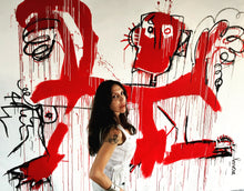 Load image into Gallery viewer, Detail of the work with the artist:Detail:Fernanda Lavera (b. 1975 - ) Danza con el Diablo, 2019 (Dance with the Devil) Acrylic on Canvas 77 x 98.75 inches Lavera wrote the following about this series, "The Devil plays with me. I don't feel like letting go. Why not? Should I dance with him? Should I let myself fall? Red is the only color I see." For sale at Manolis Projects Miami, FL