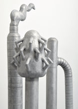 Load image into Gallery viewer, Detail of top:Carol K. Brown (b. 1945 - ) Untitled Sculpture: Six Vertical Elements., 1986 Aluminum Sculpture 53h x 48w x 30d inches Carol K. Brown is a visual artist based in Miami and New York. She began her career as a sculptor, but her work has evolved through numerous phases: anthropomorphic abstractions, figurative paintings, and social commentary. This aluminum statue is composed of six separate pieces on an aluminum base. Available at Manolis Projects Gallery.