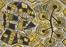 Load image into Gallery viewer, Richard Mock (1944-2006) Unique Signed Proof, 1985 Linocut print on paper 35.25 x 42.75 inches- unframed Sold Framed Richard Mock was a lifelong painter whose work ranged from a cartoonish, politically charged Neo-Expressionism through portraiture and self-portraiture to bright, paint-laden abstractions. This is a striking print on paper in yellow, black, and white. at Manolis Projects Gallery