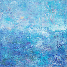 Load image into Gallery viewer, Jill Krutick Beach Day, 2016 Oil on Canvas 40 x 40 inches 42 x 42 inches framed Beach Day is an abstract impressionistic work inspired by Monet’s Water Lilies. Heavily layered and textured, this piece attempts to capture the beauty of the high seas in all its splendor. Featuring washes of blues and other cool colors, the compositional design is reminiscent of a special day at sea. At Manoli Projects gallery in Miami, FL