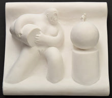 Load image into Gallery viewer, Tom Otterness (b.1952-) Enlightened Worker, 1983 Cast Hydrocal with Natural Finish 10.5h x 11.5w x 4d inches Artist Proof 8 of 15 Otterness is described as “the world’s best public sculptor” by New York Times art critic, Ken Johnson, Otterness' works are easily recognizable for its unique, cheerful and cartoonish figures, that are used to address issues of gender, class and race. Available at Manolis Projects Gallery