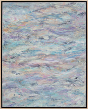 Load image into Gallery viewer, Framed:Jill Krutick (B. 1962- ) Waves II, 2015 Oil on Canvas, 60 x 48 inches  The gentle ebb and flow of pigments in this piece create a meditative mural of the ocean's character in this beautiful large abstract seascape. The stacked, layered marks create a consistent rhythm in its composition; using pastel colors of blue, pink and purples, accented by deep, muted blues to emphasize the strokes.