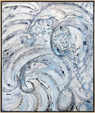 Load image into Gallery viewer, Jill Krutick (b. 1962 - ) Windswept, 2019 Acrylic on Canvas 72 x 60 inches;  Framed: 74 x 62 inches    Windswept’s marks were created through spontaneous glides of a palette knife atop acrylic molding paste, much like the twirling, organic movements of a gust of wind. Free, unapologetic, and fluid, these airwaves create patterns that are spontaneous and rhythmic.This is large abstract painting in Blue and white. Manolis Projects gallery in Miami, FL