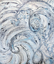 Load image into Gallery viewer, Jill Krutick (b. 1962 - ) Windswept, 2019 Acrylic on Canvas 72 x 60 inches;  Framed: 74 x 62 inches    Windswept’s marks were created through spontaneous glides of a palette knife atop acrylic molding paste, much like the twirling, organic movements of a gust of wind. Free, unapologetic, and fluid, these airwaves create patterns that are spontaneous and rhythmic.This is large abstract painting in Blue and white. Manolis Projects gallery in Miami, FL