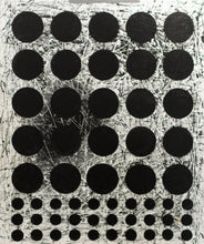 Load image into Gallery viewer, J. Steven Manolis (b. 1948-)  Black & White (Graphic), 2020  Acrylic and Latex Enamel on canvas  72 x 60 inches  Framed Dimensions: 74.25 x 62.25 x 3.50 inches  This series has hand painted circles placed on a three dimensional colorfield in muted earth colors, often in some combination of greiges. This was inspired by the 2020 Covid pandemic which brought a year of darkness in peoples’ lives. It represents finding peace and order within the chaos and darkness.