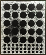 Load image into Gallery viewer, Framed:J. Steven Manolis (b. 1948-)  Black & White (Graphic), 2020  Acrylic and Latex Enamel on canvas  72 x 60 inches  Framed Dimensions: 74.25 x 62.25 x 3.50 inches  This series has hand painted circles placed on a three dimensional colorfield in muted earth colors, often in some combination of greiges. This was inspired by the 2020 Covid pandemic which brought a year of darkness in peoples’ lives. It represents finding peace and order within the chaos and darkness.