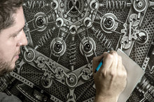 Load image into Gallery viewer, Samuel Gomez, Diaphragm, 2015 Graphite and ink on paper. 27 x 26 inches Frame: 36 x 36 inches ‘Diaphragm’ traces back to the philosophy of ‘Humanism’ back in the 14th century when the development of human virtue transcended the need for divine authority. In a contemporary twist, the ‘Vetruvian Man’ from Da Vinci, is seen as the source of an unknown mechanism evolving and expanding without control. at Manolis Projects gallery