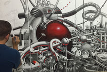 Load image into Gallery viewer, Samuel Gomez (b. 1975-) Oasis, 2015 Graphite, Acrylic and ink on paper 42 x 108 inches Samuel Gomez working on Oasis