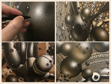 Load image into Gallery viewer, Details of :Samuel Gomez (b.1975-) The Glib Scouring, 2017 Acrylic, Charcoal and Ink on canvas 72 x 72 inches.‘The Glib Scouring’ is a commentary perceiving the forces of nature and how the Earth’s indifference prioritizes its own equilibrium to protect itself from its main oblivious enemy ‘us’.Natural disasters, viruses and famine become inescapable evils in the cyclic game of population control. Available at Manolis Projects Gallery