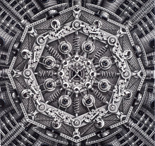 Load image into Gallery viewer, Samuel Gomez (b.1975-) Diaphragm, 2015 Graphite and ink on paper. 27 x 26 inches Frame: 36 x 36 inches ‘Diaphragm’ traces back to the philosophy of ‘Humanism’ back in the 14th century when the development of human virtue transcended the need for divine authority. In a contemporary twist, the ‘Vetruvian Man’ from Da Vinci, is seen as the source of an unknown mechanism evolving and expanding without control. at Manolis Projects gallery