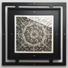 Load image into Gallery viewer, Samuel Gomez (b.1975-) Diaphragm, 2015 Graphite and ink on paper. 27 x 26 inches Frame: 36 x 36 inches ‘Diaphragm’ traces back to the philosophy of ‘Humanism’ back in the 14th century when the development of human virtue transcended the need for divine authority. In a contemporary twist, the ‘Vetruvian Man’ from Da Vinci, is seen as the source of an unknown mechanism evolving and expanding without control. at Manolis Projects gallery