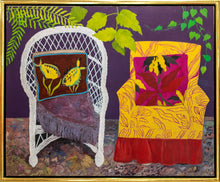 Load image into Gallery viewer, Framed: Hunt Slonem (b.1951-), Chair Duet, 1977, Oil on canvas, 70 x 58 inches. This early Hunt Slonem is a beautiful scene of two colorful chairs that offers a calming joy to those who view it. Slonem utilizes the intense colors of the neo-expressional style. Available at Manolis Projects Gallery