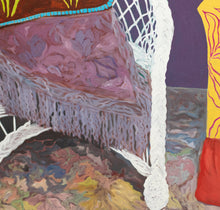Load image into Gallery viewer, Detail: Hunt Slonem (b.1951-), Chair Duet, 1977, Oil on canvas, 70 x 58 inches. This early Hunt Slonem is a beautiful scene of two colorful chairs that offers a calming joy to those who view it. Slonem utilizes the intense colors of the neo-expressional style. Available at Manolis Projects Gallery.