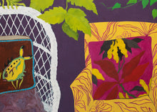 Load image into Gallery viewer, Detail: Hunt Slonem (b.1951-), Chair Duet, 1977, Oil on canvas, 70 x 58 inches. This early Hunt Slonem is a beautiful scene of two colorful chairs that offers a calming joy to those who view it. Slonem utilizes the intense colors of the neo-expressional style. Available at Manolis Projects Gallery.