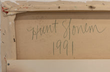 Load image into Gallery viewer, Back Signature: Hunt Slonem, Cockatoos, 1991, Oil on canvas, 44 x 66 inches, Hunt Slonem's paintings are at once vibrant, energetic and colorful, yet also deeply spiritual and contemplative. He sees the ability of birds to fly - to achieve atmospheric height - as a direct metaphor for transcendence from an earthly to a spiritual realm. Slonem utilizes the intense colors of the neo-expressional style that mirrors the interesting worlds in which these animals exist. Available at Manolis Projects Gallery