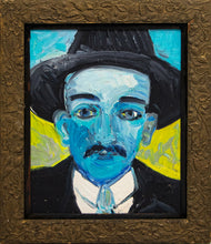Load image into Gallery viewer, Hunt Slonem (b. 1951-) Dr. Hernandez, 1988 Oil on canvas 16 x 20 25 x 21.5 inches Framed , Dr. Hernandez, painting of his face,His shaman-like persona equally inspired Slonem, who was drawn to the figure as a medium of transcendence for his own art, through which his innermost beliefs are channeled, imbuing images with metaphysical meaning. Available at Manolis Projects Gallery