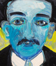 Load image into Gallery viewer, Detail of Face:Hunt Slonem (b. 1951-) Dr. Hernandez, 1988 Oil on canvas 16 x 20 25 x 21.5 inches Framed , Dr. Hernandez, painting of his face,His shaman-like persona equally inspired Slonem, who was drawn to the figure as a medium of transcendence for his own art, through which his innermost beliefs are channeled, imbuing images with metaphysical meaning. Available at Manolis Projects Gallery Edit alt text
