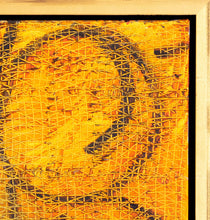 Load image into Gallery viewer, Close up image of the frame corner of Hunt Slonem’s cockatoo oil painting “Haitian Rope,”  painted in 1993 in oil paint on canvas measuring 37 x 37 inches. Framed wall art by Hunt Slonem for sale at Manolis Projects gallery.