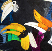 Load image into Gallery viewer, Frame Detail:Hunt Slonem, Hornbills, 1989, Oil on canvas, 66 x 88 inches. Hunt Slonem's paintings are at once vibrant, energetic and colorful, yet also deeply spiritual and contemplative. The artist creates exotic forms with expressive and highly textural brushstrokes that are full of intense color, loosely inspired by artists of the German Expressionism movement. Available at Manolis Projects Gallery
