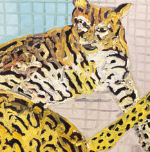 Load image into Gallery viewer, Detail:Hunt Slonem Ocelots, 1988 Oil on canvas 44 x 60 inches Hunt Slonem believes that, "We have become ecologically insane …as the human indifference to- outright disrespect for- the natural environment proves." Species of animals are quickly disappearing. Slonem wants to preserve the animals and jungles by means of art. The ocelots are nocturnal wildcats, but they are shown here in intimate community with the light coming through the painting and illuminating them. Available at Manolis Projects Gallery