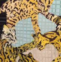 Load image into Gallery viewer, Detail:Hunt Slonem Ocelots, 1988 Oil on canvas 44 x 60 inches Hunt Slonem believes that, "We have become ecologically insane …as the human indifference to- outright disrespect for- the natural environment proves." Species of animals are quickly disappearing. Slonem wants to preserve the animals and jungles by means of art. The ocelots are nocturnal wildcats, but they are shown here in intimate community with the light coming through the painting and illuminating them. Available at Manolis Projects Gallery