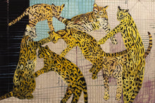 Load image into Gallery viewer, Hunt Slonem, Ocelots, 1988, Oil on canvas, 44 x 60 inches. Hunt Slonem believes that, "We have become ecologically insane …as the human indifference to- outright disrespect for- the natural environment proves." Species of animals are quickly disappearing. Slonem wants to preserve the animals and jungles by means of art. The ocelots are nocturnal wildcats, but they are shown here in intimate community with the light coming through the painting and illuminating them. Available at Manolis Projects Gallery