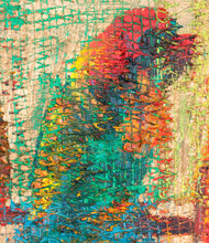 Load image into Gallery viewer, Close up image of macaw on Hunt Slonem’s parrot oil painting “Lories Bayou,”  painted in 2008 in oil paint on wood board measuring 29.5 x 26 inches. Framed by Hunt Slonem in an antique gold frame. Framed wall art by Hunt Slonem for sale at Manolis Projects gallery.