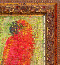 Load image into Gallery viewer, Close up image of antique gold frame for Hunt Slonem’s parrot oil painting “Lories Bayou,”  painted in 2008 in oil paint on wood board measuring 29.5 x 26 inches. Framed by Hunt Slonem in an antique frame. Framed wall art by Hunt Slonem for sale at Manolis Projects gallery.