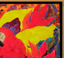 Load image into Gallery viewer, Frame Detail: Hunt Slonem (b. 1951), Parrots, 1985, Oil on canvas, 66 x 44 inches. Hunt Slonem's paintings are at once vibrant, energetic and colorful, yet also deeply spiritual and contemplative. The artist creates exotic forms with expressive and highly textural brushstrokes that are full of intense color, loosely inspired by artists of the German Expressionism movement. Available at Manolis Projects Gallery