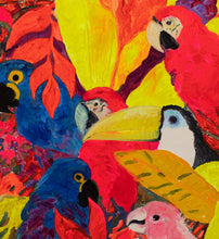 Load image into Gallery viewer, Detail: Hunt Slonem (b. 1951), Parrots, 1985, Oil on canvas, 66 x 44 inches. Hunt Slonem's paintings are at once vibrant, energetic and colorful, yet also deeply spiritual and contemplative. The artist creates exotic forms with expressive and highly textural brushstrokes that are full of intense color, loosely inspired by artists of the German Expressionism movement. Available at Manolis Projects Gallery