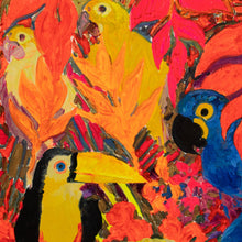 Load image into Gallery viewer, Detail: Hunt Slonem (b. 1951), Parrots, 1985, Oil on canvas, 66 x 44 inches. Hunt Slonem's paintings are at once vibrant, energetic and colorful, yet also deeply spiritual and contemplative. The artist creates exotic forms with expressive and highly textural brushstrokes that are full of intense color, loosely inspired by artists of the German Expressionism movement. Available at Manolis Projects Gallery