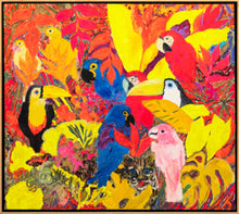 Load image into Gallery viewer, Framed: Hunt Slonem (b. 1951), Parrots, 1985, Oil on canvas, 66 x 44 inches. Hunt Slonem's paintings are at once vibrant, energetic and colorful, yet also deeply spiritual and contemplative. The artist creates exotic forms with expressive and highly textural brushstrokes that are full of intense color, loosely inspired by artists of the German Expressionism movement. Available at Manolis Projects Gallery