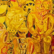 Load image into Gallery viewer, Detail:Hunt Slonem, Red Mask, 1985, Oil on canvas, 77 x 101 inches. In older bodies of work, such as in the Red Mask, references to spiritually charged objects are much more apparent and literal. For example, Slonem favored depicting Catholic and Hindu saints surrounding animals early on. Available at Manolis Projects Gallery