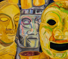 Load image into Gallery viewer, Detail:Hunt Slonem, Red Mask, 1985, Oil on canvas, 77 x 101 inches. In older bodies of work, such as in the Red Mask, references to spiritually charged objects are much more apparent and literal. For example, Slonem favored depicting Catholic and Hindu saints surrounding animals early on. Available at Manolis Projects Gallery