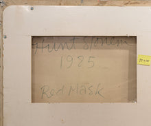 Load image into Gallery viewer, Back Signature:Detail:Hunt Slonem, Red Mask, 1985, Oil on canvas, 77 x 101 inches, In older bodies of work, such as in the Red Mask, references to spiritually charged objects are much more apparent and literal. For example, Slonem favored depicting Catholic and Hindu saints surrounding animals early on. Available at Manolis Projects Gallery