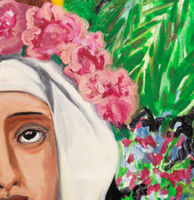 Load image into Gallery viewer, Hunt Slonem, Saint Rosa of Lima detail, 1984 Oil on canvas 84 x 72 inches The beautiful St. Rose of Lima appears in a number of Slonem’, works. She is the first saint of the New World and the garden she worked became the spiritual center of Lima. She modeled her austere rays after St. Catherine of Siena. Available at Manolis Projects Gallery