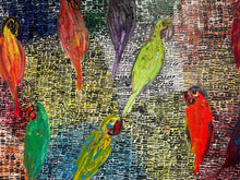 Load image into Gallery viewer, Close-up image of - Hunt Slonem nature canvas painting “Birds and Guardians,” painted in 2019 in oil paint on canvas measuring 104 x 134 inches. Extra-large wall art by Hunt Slonem for sale at Manolis Projects gallery.