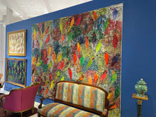 Load image into Gallery viewer, Installation image of - Hunt Slonem nature canvas painting “Birds and Guardians,” painted in 2019 in oil paint on canvas measuring 104 x 134 inches. Extra-large wall art by Hunt Slonem for sale at Manolis Projects gallery.
