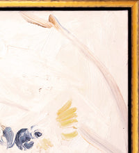 Load image into Gallery viewer, Close up image of the frame corner for Hunt Slonem’s cockatoo oil painting “Cockatoos,” painted in 1991 in oil paint on canvas measuring 44 x 66 inches. Wall art by Hunt Slonem for sale at Manolis Projects gallery.