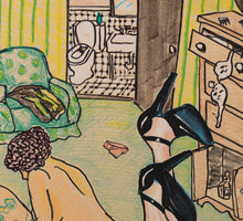 Load image into Gallery viewer, Detail:Red Grooms The Tattoo Artist (Artist Proof), 1980 Lithograph on Japanese Chauke paper 38 x 25 inches AP 1/10 for the edition of 38 Red Grooms is an American multi-media artist who has consistently been at the fore of major, innovative art movements. Starting in the 1950’s, Grooms was an early pioneer in Happenings & Performance Art. He was also an early force in Art Film, Installation Art and Pop art. Red Grooms art Available at Manolis Projects Gallery