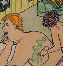 Load image into Gallery viewer, Detail:Red Grooms The Tattoo Artist (Artist Proof), 1980 Lithograph on Japanese Chauke paper 38 x 25 inches AP 1/10 for the edition of 38 Red Grooms is an American multi-media artist who has consistently been at the fore of major, innovative art movements. Starting in the 1950’s, Grooms was an early pioneer in Happenings & Performance Art. He was also an early force in Art Film, Installation Art and Pop art. Red Grooms art Available at Manolis Projects Gallery
