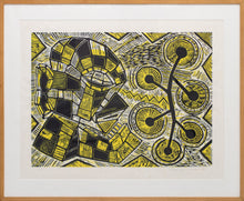 Load image into Gallery viewer, Richard Mock (1944-2006) Unique Signed Proof, 1985 Linocut print on paper 35.25 x 42.75 inches- unframed Sold Framed Richard Mock was a lifelong painter whose work ranged from a cartoonish, politically charged Neo-Expressionism through portraiture and self-portraiture to bright, paint-laden abstractions. This is a striking print on paper in yellow, black, and white. at Manolis Projects Gallery