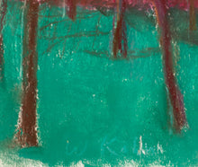 Load image into Gallery viewer, Detail of signature:Wolf Kahn (1927-2020) Eucalyptus Grove in the Morning, 1989 Pastel on paper 11 x 14 inches (unframed), Landscape of trees with abstract background in purple, green, lilac. and blue. Available at Manolis Projects gallery.