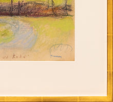 Load image into Gallery viewer, Detail of frame and signature:Wolf Kahn (1927-2020) In Green Camp, 1982 Pastel on paper 14 x 17 inches (unframed). This is a landscape with home in the foreground and green fields and trees in the background. The sky is a baby blue. Available at Manolis Projects Gallery. Edit alt text