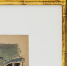 Load image into Gallery viewer, Corner Detail:Wolf Kahn (1927-2020) Near the West River, 1949 Watercolor on paper 5.5 x 8.5 inches Framed Dimensions: 11.75 x 15.25 x 1 inches Kahn painted very few watercolors because the medium was unforgiving and did not allow him to "work" the painting until he was satisfied with it. Yet, his mastery of the medium is evident in this work. Available at Manolis Projects