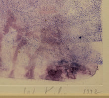 Load image into Gallery viewer, Detail of Signature:Wolf Kahn Purple/Yellow/Orange/Grey Stripes, 1992 Monotype ink on paper 21 x 29 inches Framed: 30.50 x 38 x 1.50 inches Wolf Kahn has stated that one of his favorite artistic mediums is the monotype because the combination of techniques showcases both his drawing and painting skills. Available at Manolis Projects