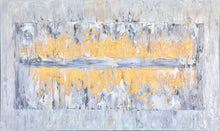 Load image into Gallery viewer, Jill Krutick, (B. 1962 - ) Ice Cube Rectangle, 2013 Oil on Canvas 36 x 60 inches (Unframed) 38 x 62 inches (Framed) The Ice Cube shape has emerged as Krutick artistic fingerprint — triumphantly expressing the human spirit through adversity. The Ice Cube series represents the process involved in overcoming personal challenges. This abstract painting is in silver and gold. at Manolis Projects gallery in Miami, FL