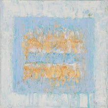 Load image into Gallery viewer, Ice Cube Small 1 & 2, 2016 Acrylic on canvas, 12 x 12 inches (30.5 x 30.5 cm). Framed: 14 x 14 inches (35.6 x 35.6 cm). Small additions to the Ice Cube series, using layers of pale blues like seafoam and periwinkle to create depth and charm. The central gold flames appear to twinkle as it slips between the layers of paint, revealing itself as the frosty colors begin to “melt” away. Ice Cube Series: The Ice Cube shape has emerged as Krutick artistic fingerprint — triumphantly expressing the human spirit th