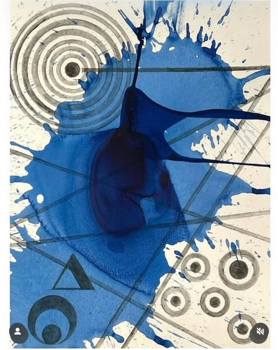J. Steven Manolis, Splash Geometric 2, 2025, A abstract white and blue painting in vitreous acrylic on museum paper, 24 x 18 inches